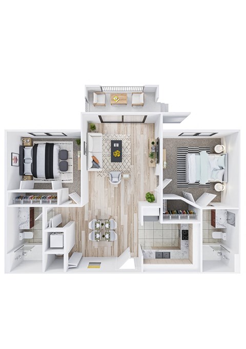 Floor plan for 2 beds, 2 baths, 885 sqft